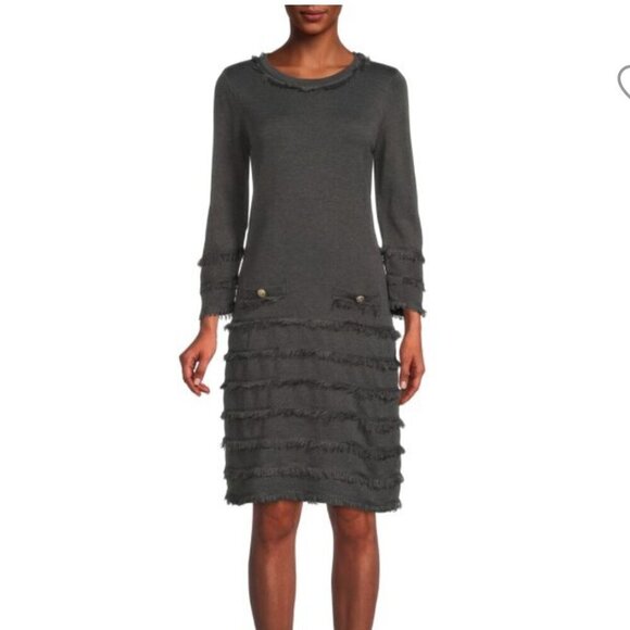 Karl Lagerfeld Paris Black Long Sleeve Fringe Button Sweater Dress, Size Small - Picture 1 of 16